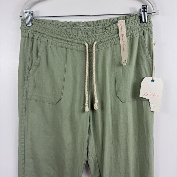 New Green Linen Blend April Kiss Pants Small Beach Rope Drawstring Waist Pockets - Picture 2 of 11